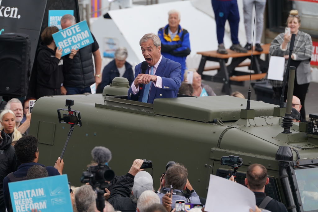 General Election campaign 2024Reform UK leader Nigel Farage gives a speech to supporters on Clacton Pier in Essex, while on the General Election campaign trail. Picture date: Wednesday July 3, 2024. (Photo by Lucy North/PA Images via Getty Images)